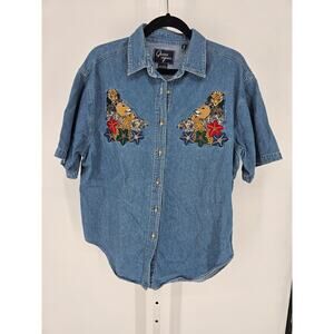Quizz Blue Jungle Predators Embroidered Denim Short Sleeve Shirt Size L